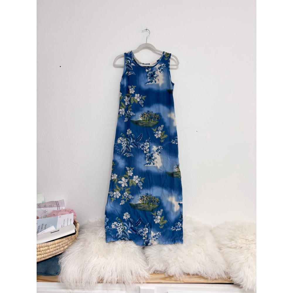Women's Marsh Landing Blue & White Tropical Floral Maxi Dress S Rayon